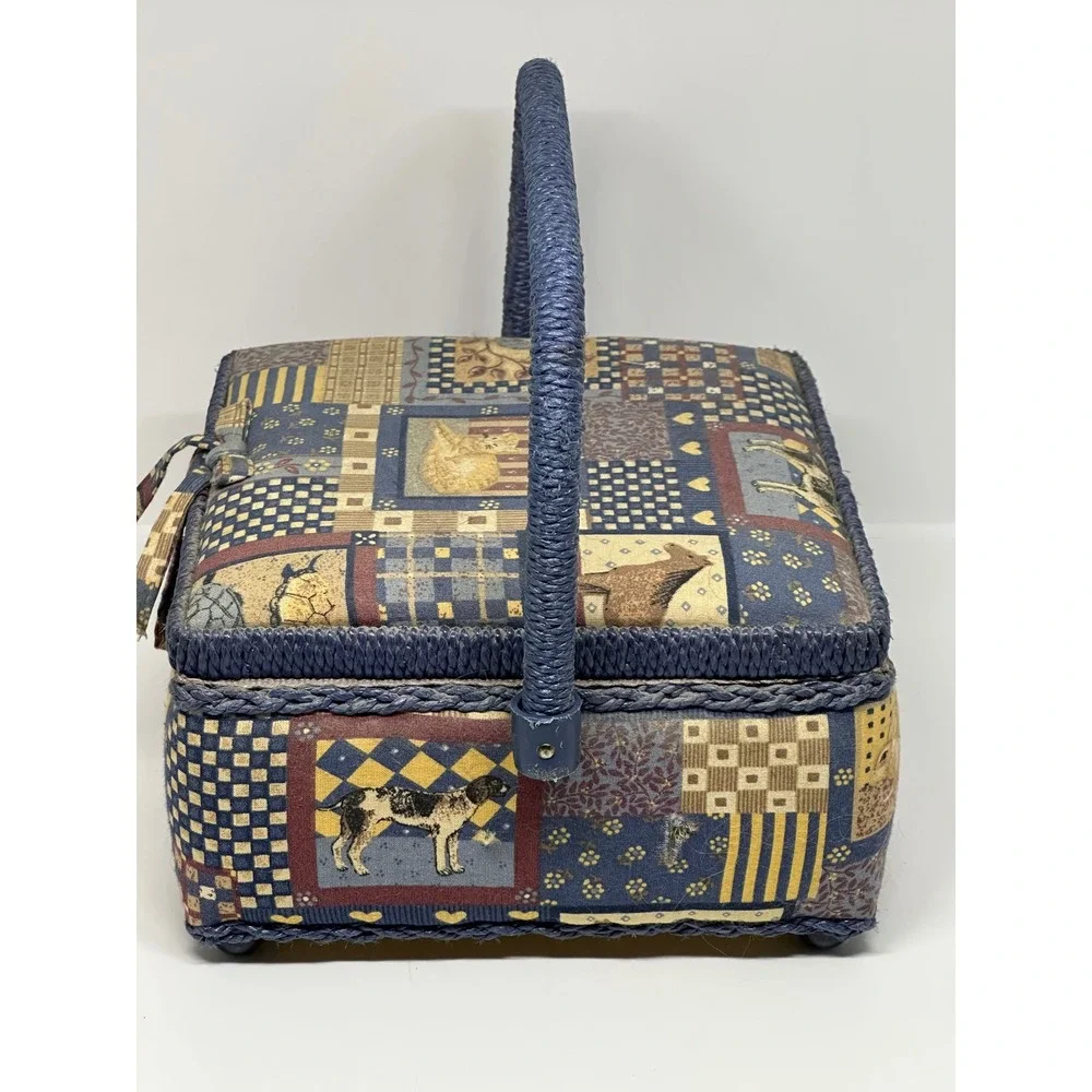 VTG Dyno Merchandise Sewing Basket Blue Tapestry Animal Patchwork Handle 9001